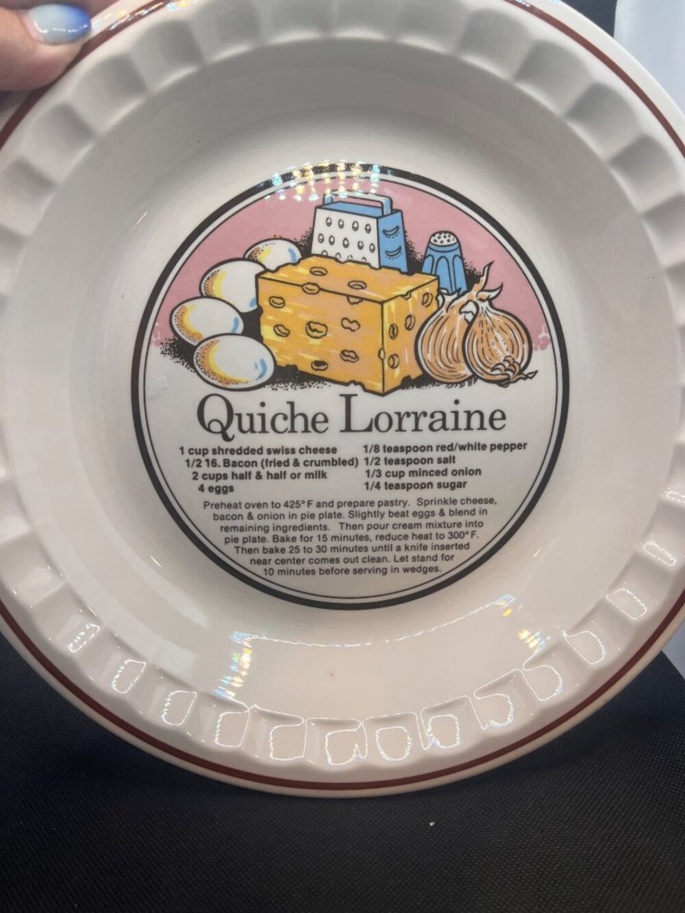 Quiche Lorraine Ceramic Pie Dish With Recipe Vintage Design 10" Diameter –Scallo